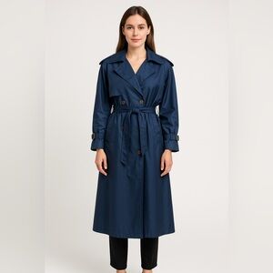 British Mist Navy Blue Long Trench Coat Size 8 – Classic Belted Vintage(C3)@